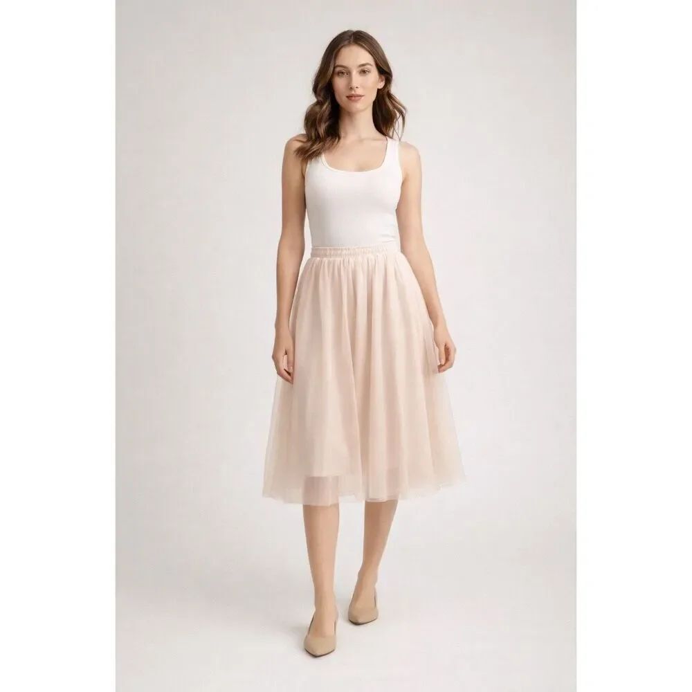 Blush Pink Tulle Midi Skirt Women’s Small Elastic Waist Ballet Bridal Mi Ami